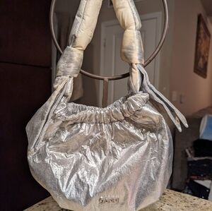 Ganni Metallic Silver Plush Hobo Shoulder Bag Featured Paris Runway 2025